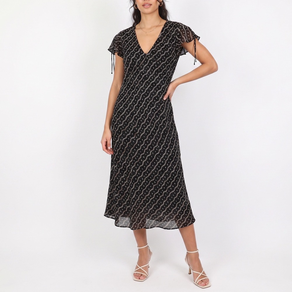 A Wild Thyme Maxi Dress Womens 16W CH Black Geometric Flutter Sleeve NEW